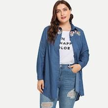 Romwe Plus Floral Embroidered Single Breasted Denim Shirt