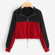 Romwe Drawstring Hem Color Block Sweatshirt