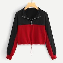 Romwe Drawstring Hem Color Block Sweatshirt