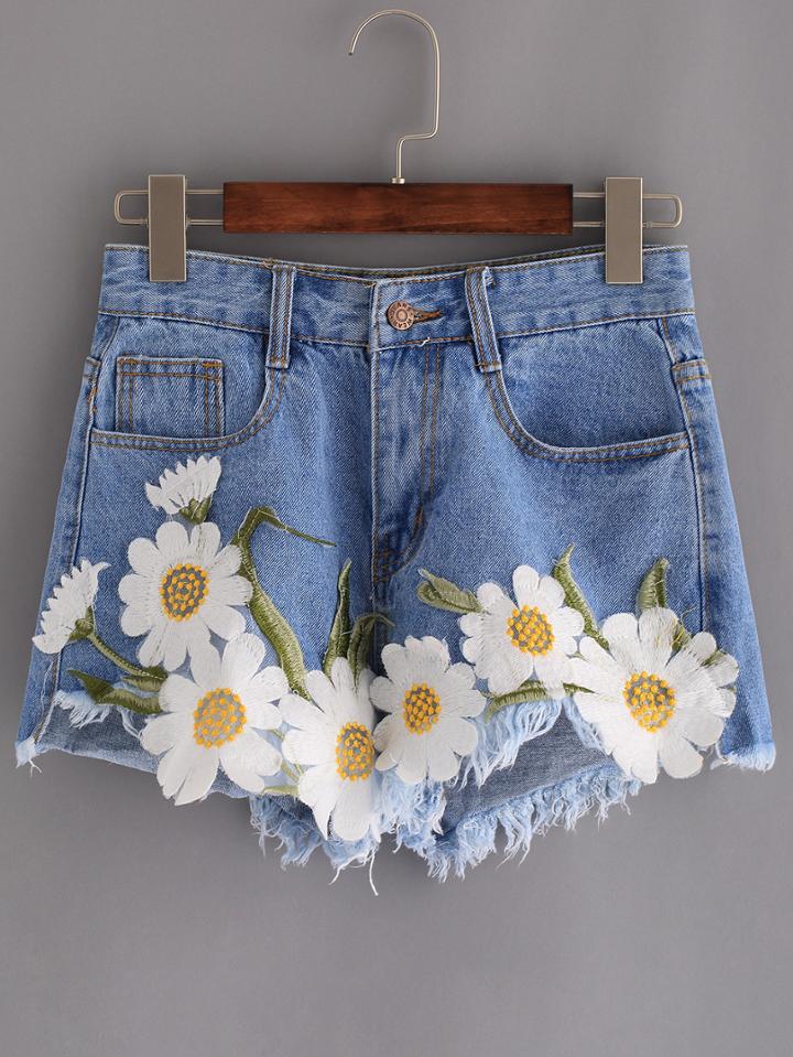 Romwe Frayed Embroidered Flower Applique Blue Denim Shorts