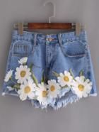 Romwe Frayed Embroidered Flower Applique Blue Denim Shorts