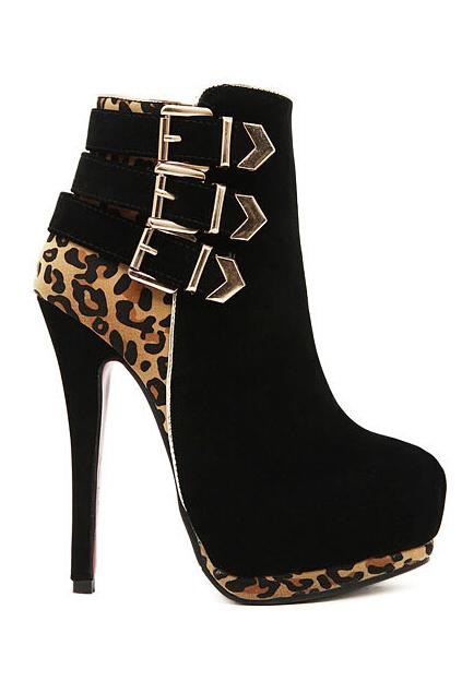 Romwe Buckled Leopard Panel High Heels
