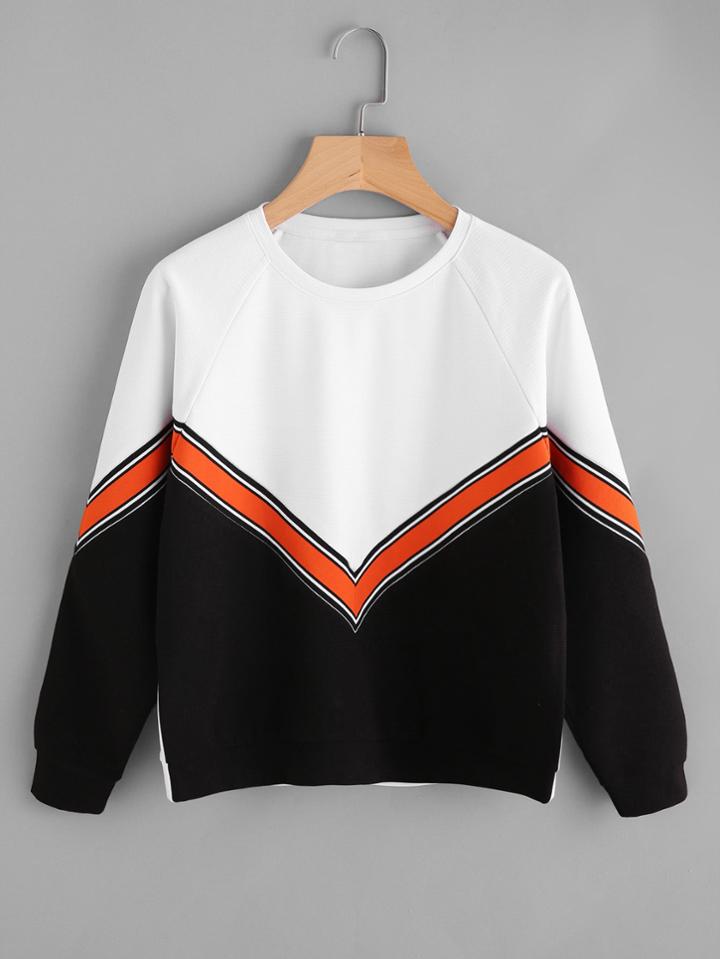 Romwe Raglan Sleeve Striped Tape Applique Chevron Pullover