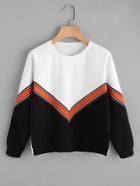 Romwe Raglan Sleeve Striped Tape Applique Chevron Pullover