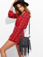 Romwe Black Tribal Embroidery Tassel Trim Crossbody Bag