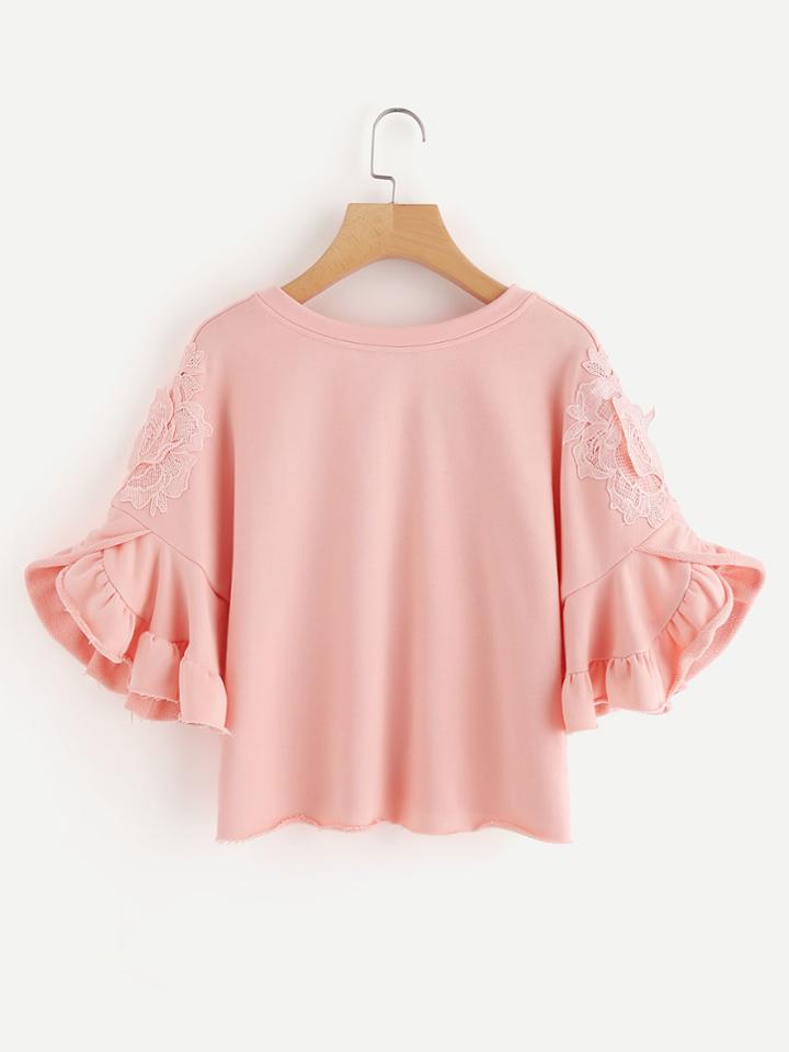 Romwe Lace Applique Ruffle Sleeve Raw Hem Sweatshirt