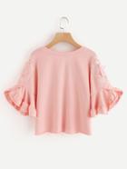 Romwe Lace Applique Ruffle Sleeve Raw Hem Sweatshirt