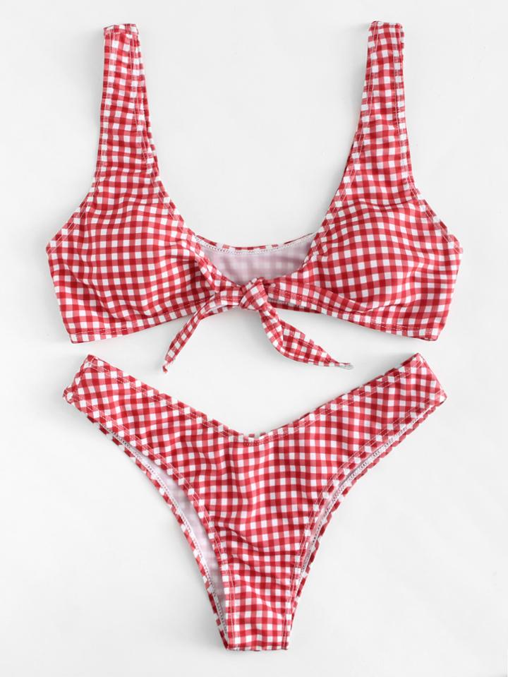 Romwe Knot Gingham Bikini Set