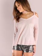 Romwe Pink Waffle Knit Cold Shoulder Dolman Sleeve T-shirt