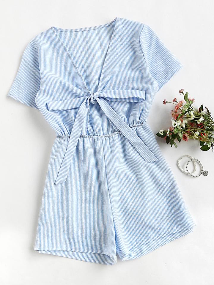 Romwe Plunging V-neckline Bow Tie Pinstripe Romper