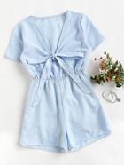 Romwe Plunging V-neckline Bow Tie Pinstripe Romper