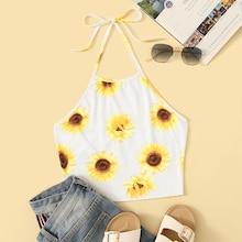 Romwe Sunflower Print Halter Top