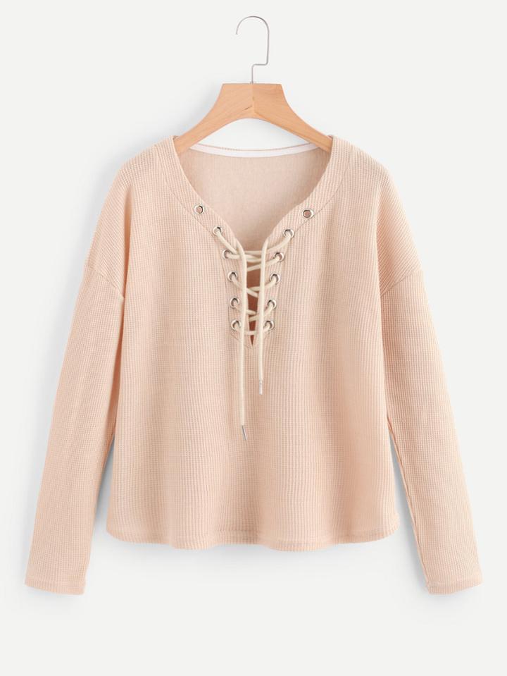 Romwe Grommet Lace Up Drop Shoulder Jumper