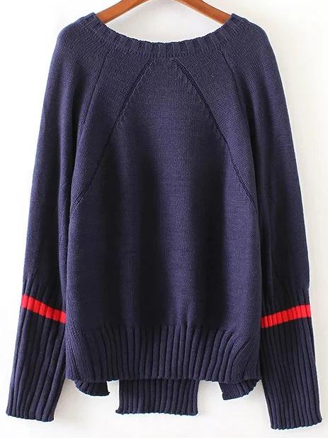 Romwe Navy Striped Trim Split Asymmetrical Sweater