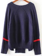 Romwe Navy Striped Trim Split Asymmetrical Sweater