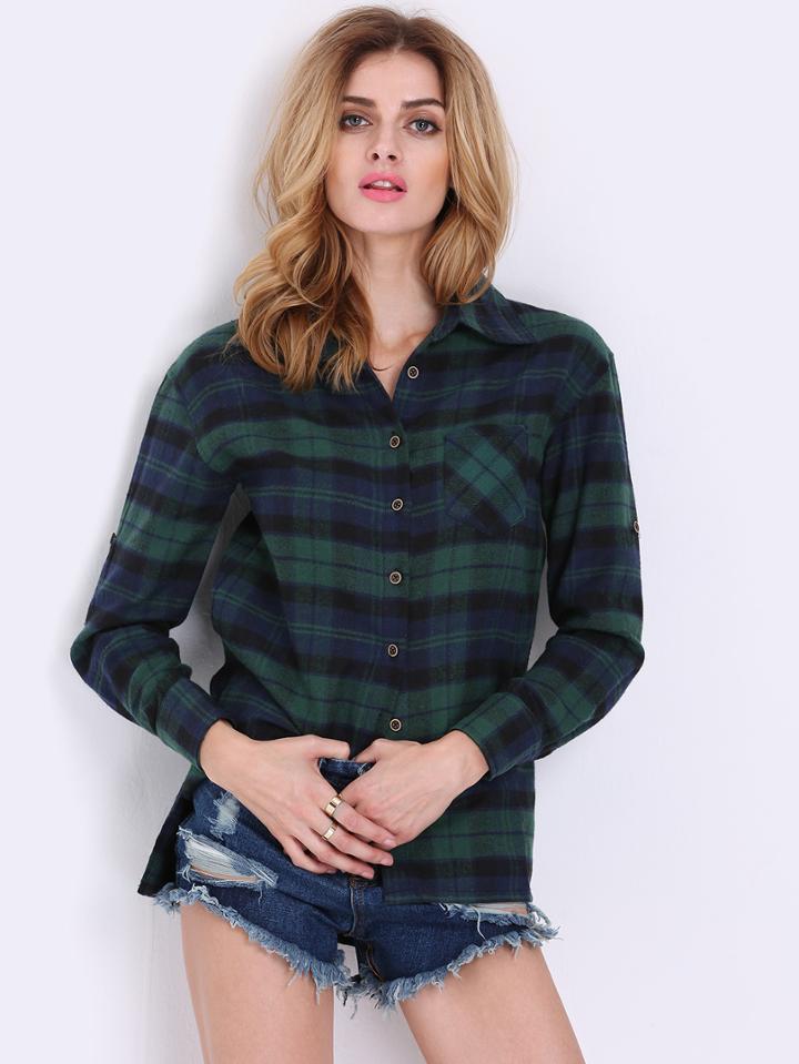 Romwe Green Blue Long Sleeve Checks Plaid Loose Blouse