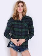 Romwe Green Blue Long Sleeve Checks Plaid Loose Blouse