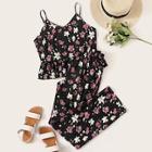 Romwe Floral Print Ruffle Hem Cami Pj Set
