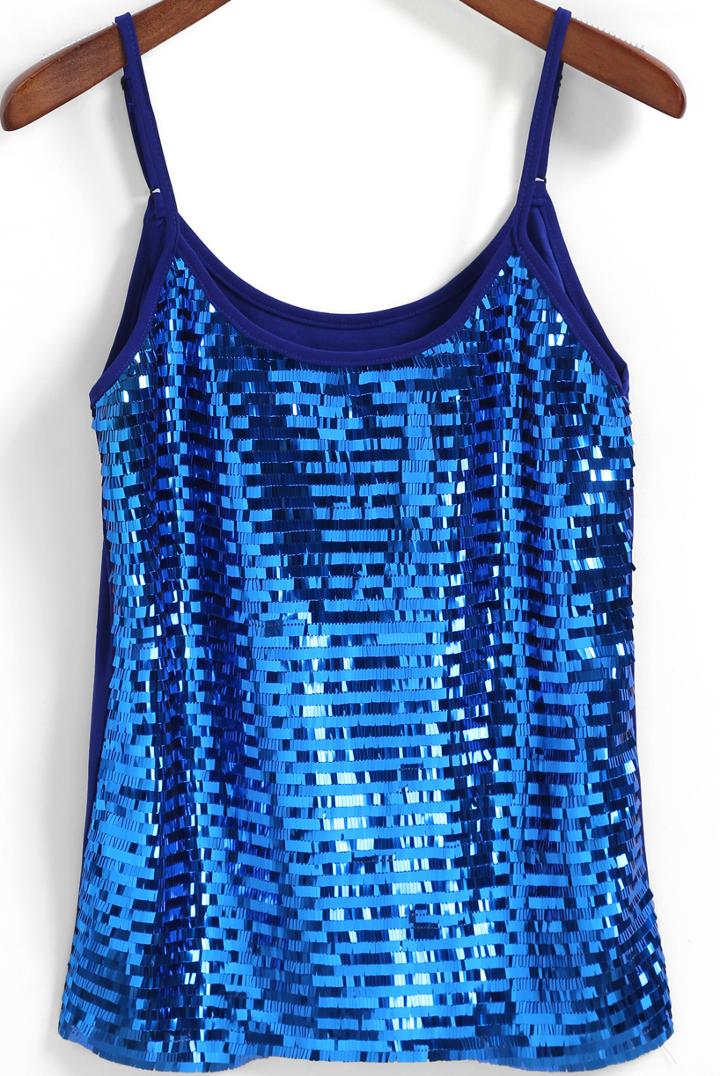 Romwe Spaghetti Strap With Sequined Blue Cami Top