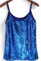 Romwe Spaghetti Strap With Sequined Blue Cami Top