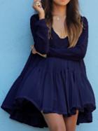 Romwe Navy V Neck Long Sleeve Pleated Dress