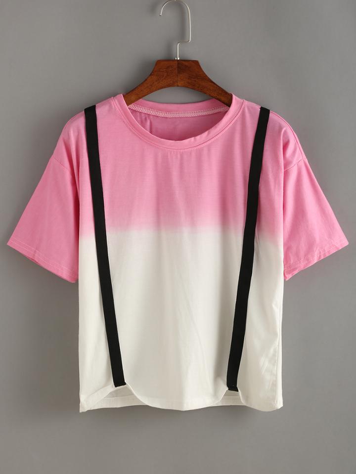 Romwe Strap Embellished Red Ombre T-shirt