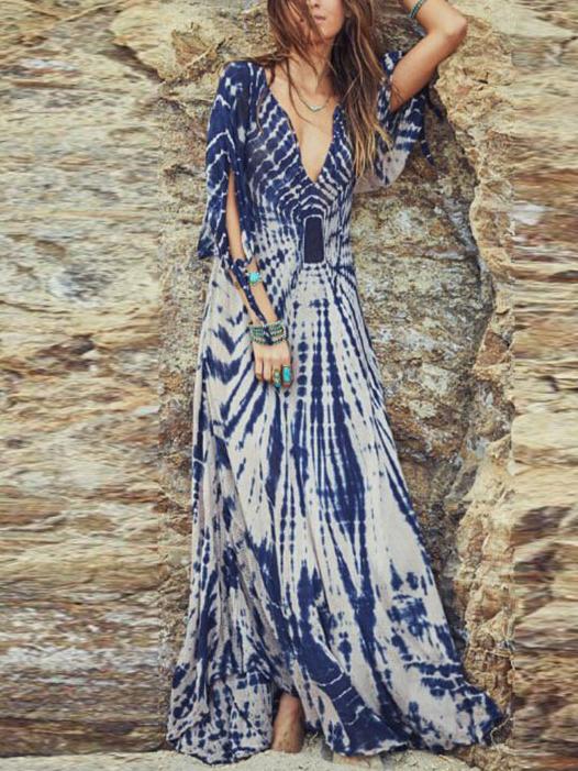 Romwe Plunge Split Sleeve Bohemian Maxi Dress