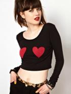 Romwe Black Long Sleeve Heart Print Crop T-shirt