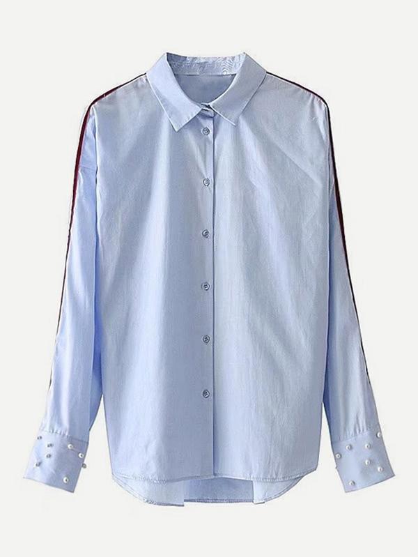 Romwe Contrast Tape Faux Pearl Blouse