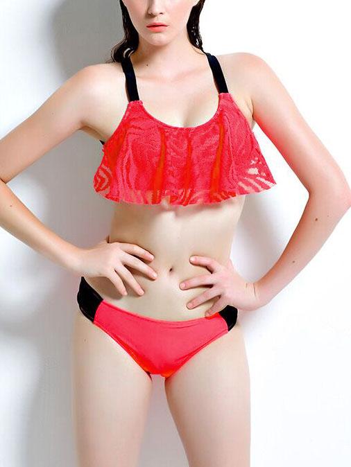 Romwe Red Strappy Racerback Flounce Bikini Set