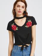 Romwe Cutout Choker Neck Rose Patch Knot T-shirt