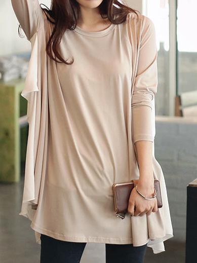 Romwe Long Sleeve Contrast Chiffon Loose Apricot T-shirt