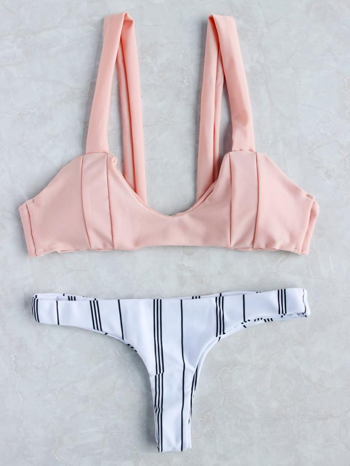 Romwe Vertical Striped Mix & Match Bikini Set