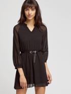Romwe Stand Collar Bishop Sleeve Dress With Belt
