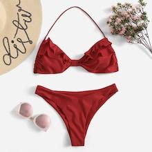 Romwe Ruffle Halter Top With High Leg Bikini Set