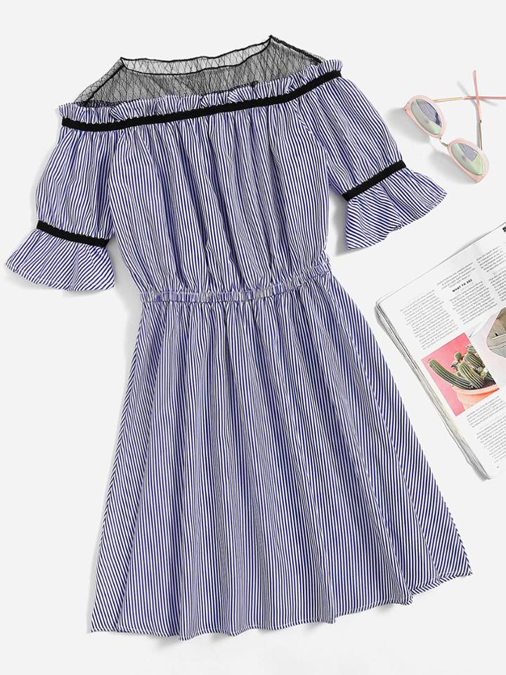 Romwe Mesh Panel Vertical Striped Contrast Trim Dress