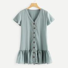 Romwe Button Detail Ruffle Hem Dress
