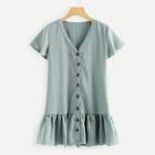 Romwe Button Detail Ruffle Hem Dress