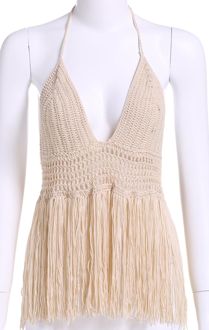 Romwe Khaki Halter Hollow Tassel Cami Top