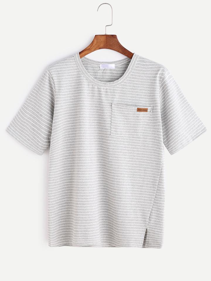 Romwe Grey Striped Slit Hem Pocket T-shirt