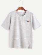 Romwe Grey Striped Slit Hem Pocket T-shirt