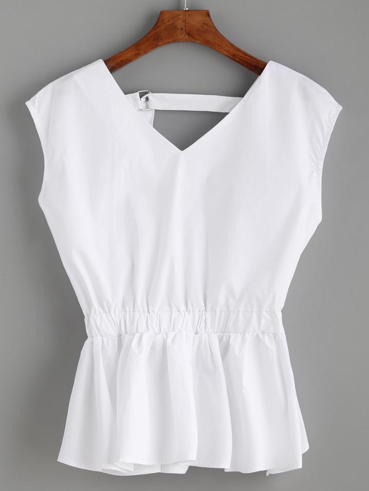 Romwe White Surplice Buckle Strap Back Peplum Top