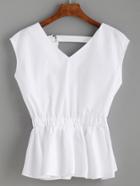 Romwe White Surplice Buckle Strap Back Peplum Top