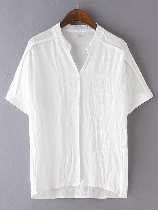 Romwe White Band Collar High Low Split Side Blouse
