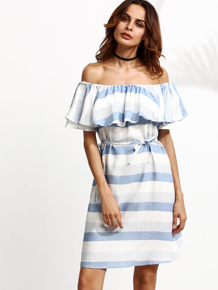 Romwe Blue Striped Shirred Off The Shoulder Self Tie Ruffle Dress