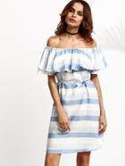 Romwe Blue Striped Shirred Off The Shoulder Self Tie Ruffle Dress