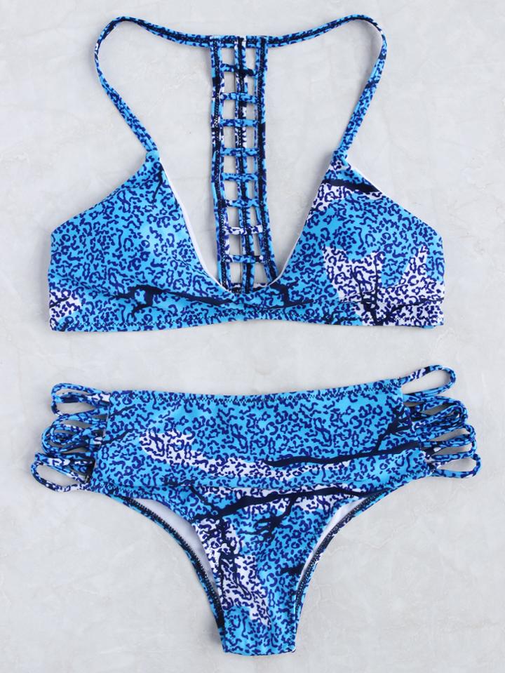 Romwe Graphic Print Ladder Cutout Bikini Set