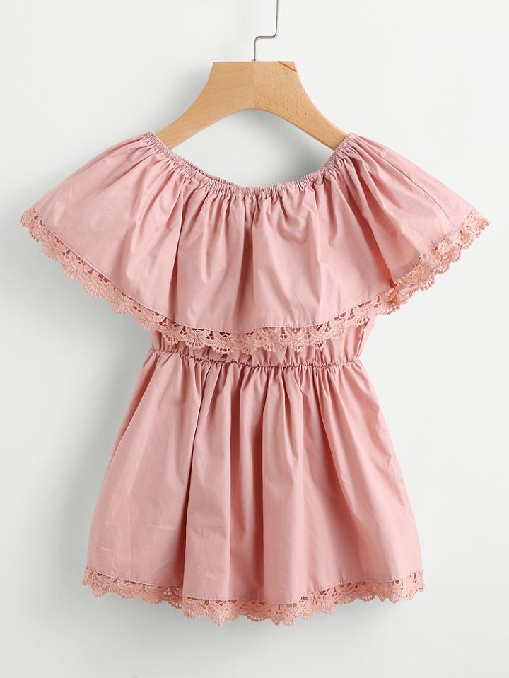 Romwe Layered Lace Trim Elastic Empire Waist Blouse