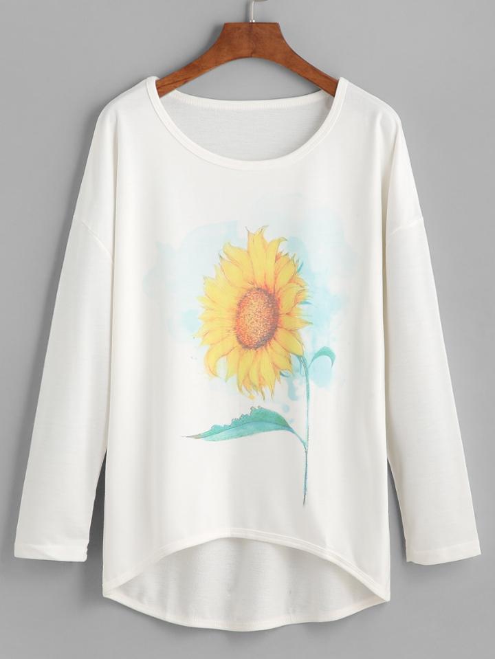 Romwe White Sunflower Print Dip Hem T-shirt