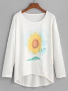 Romwe White Sunflower Print Dip Hem T-shirt